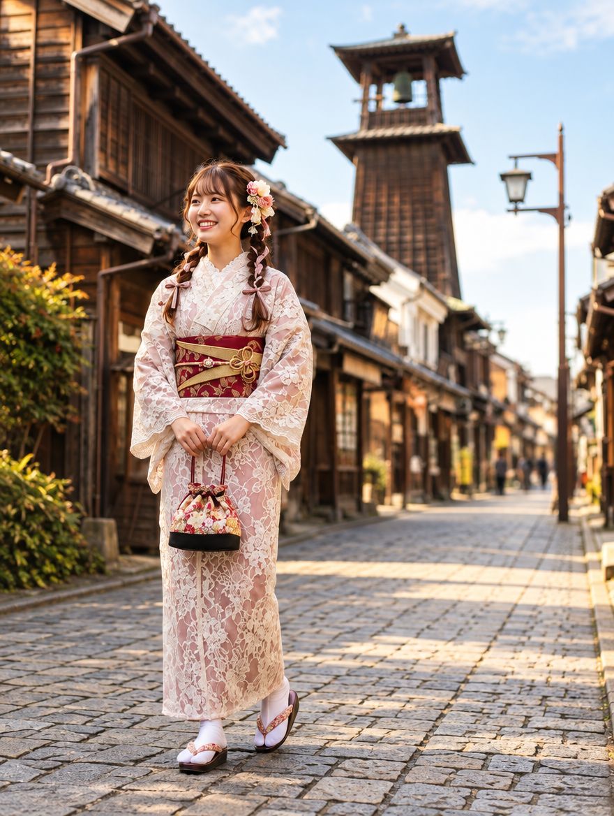 レースの着物を着た女性と時の鐘