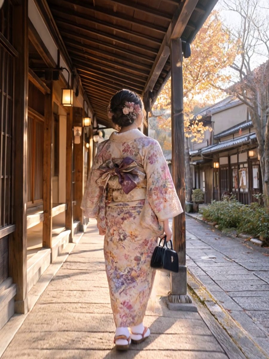 軒下を歩く着物姿の女性