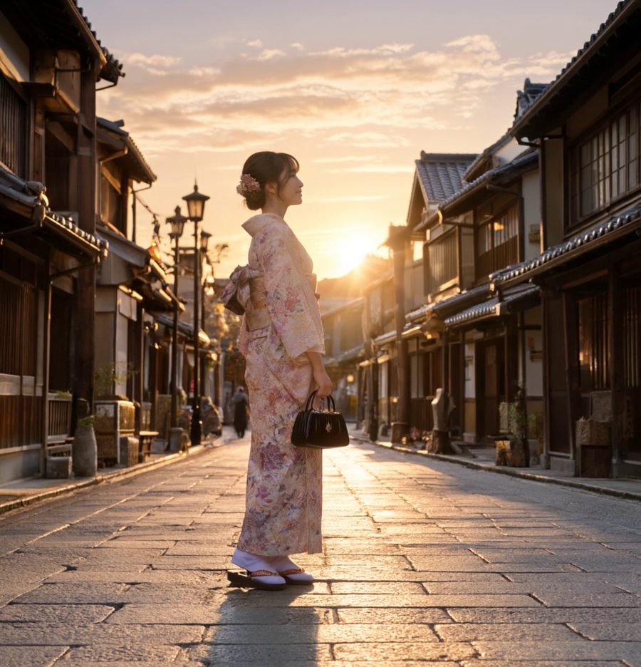 夕日の差す川越の町並みに立つ着物姿の女性